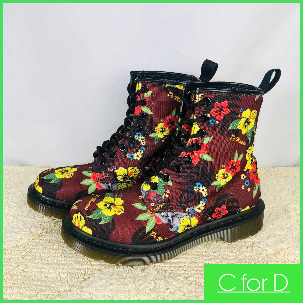 美品★Dr.Martens★UK4 (23.0cm相当) ドクターマーチン CASTEL/カステル 花柄 ブーツ レディース ワインレッド 8ホールシューズ S542_画像1