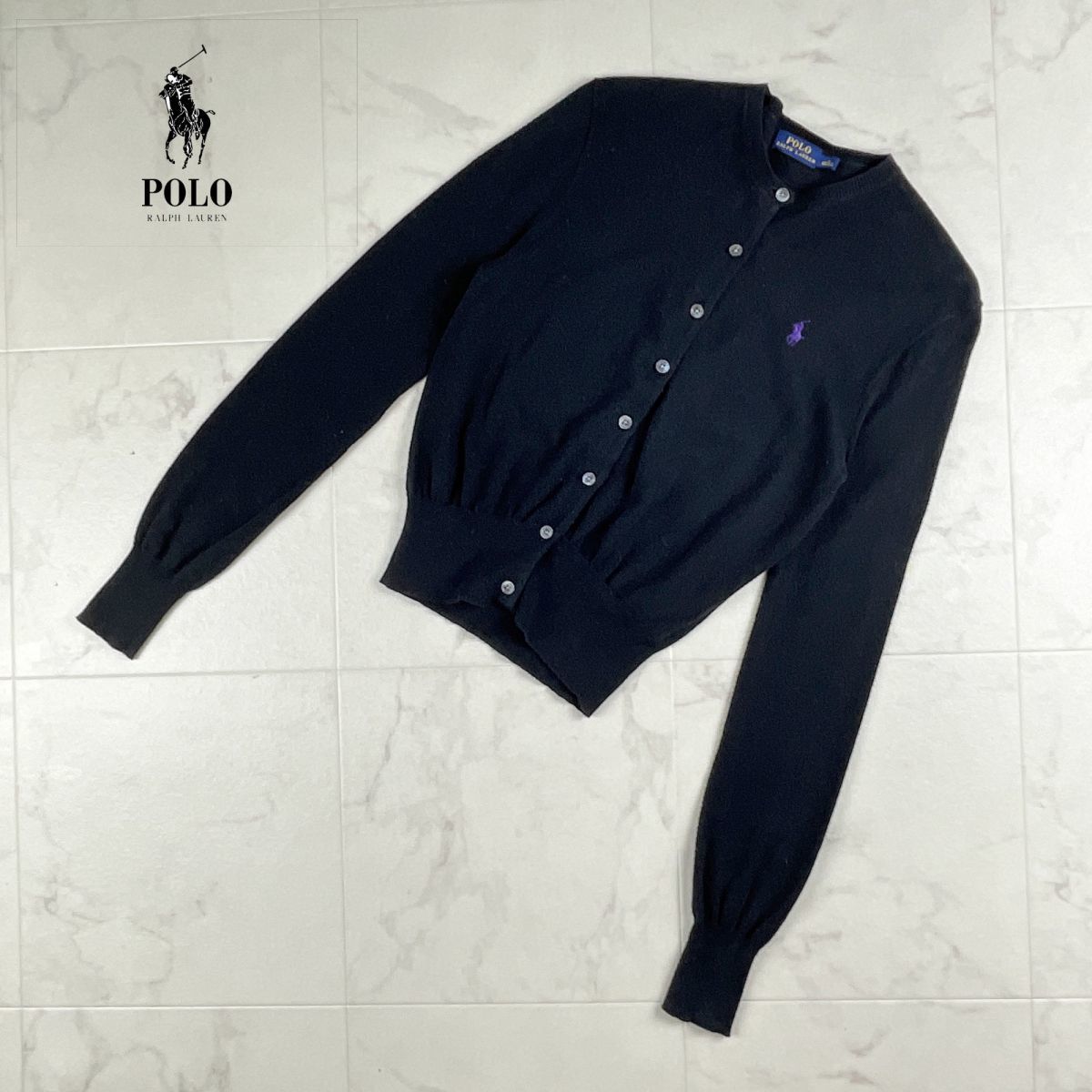 POLO RALPH LAUREN ポロ ラルフローレン 丸襟長袖カーディガン コットン ウール トップス レディース 黒 ブラック サイズS*IC101_画像1