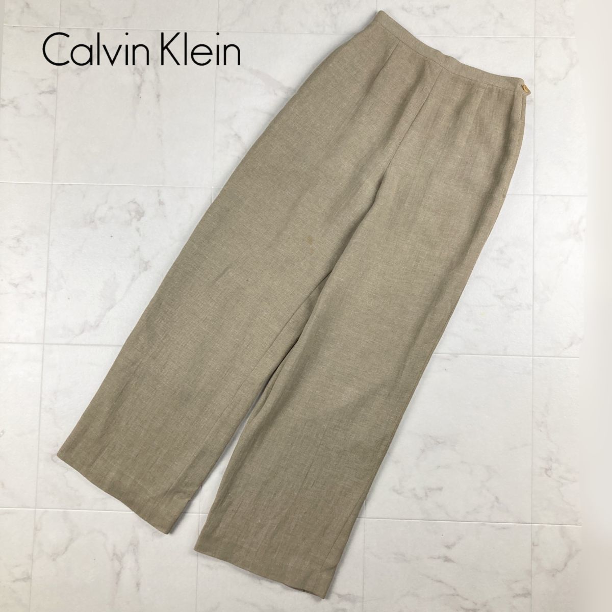 Calvin Klein カルバンクライン リネン100% ワイドカジュアルパンツ ボトムス レディース ベージュ サイズW63H90*IC167_画像1