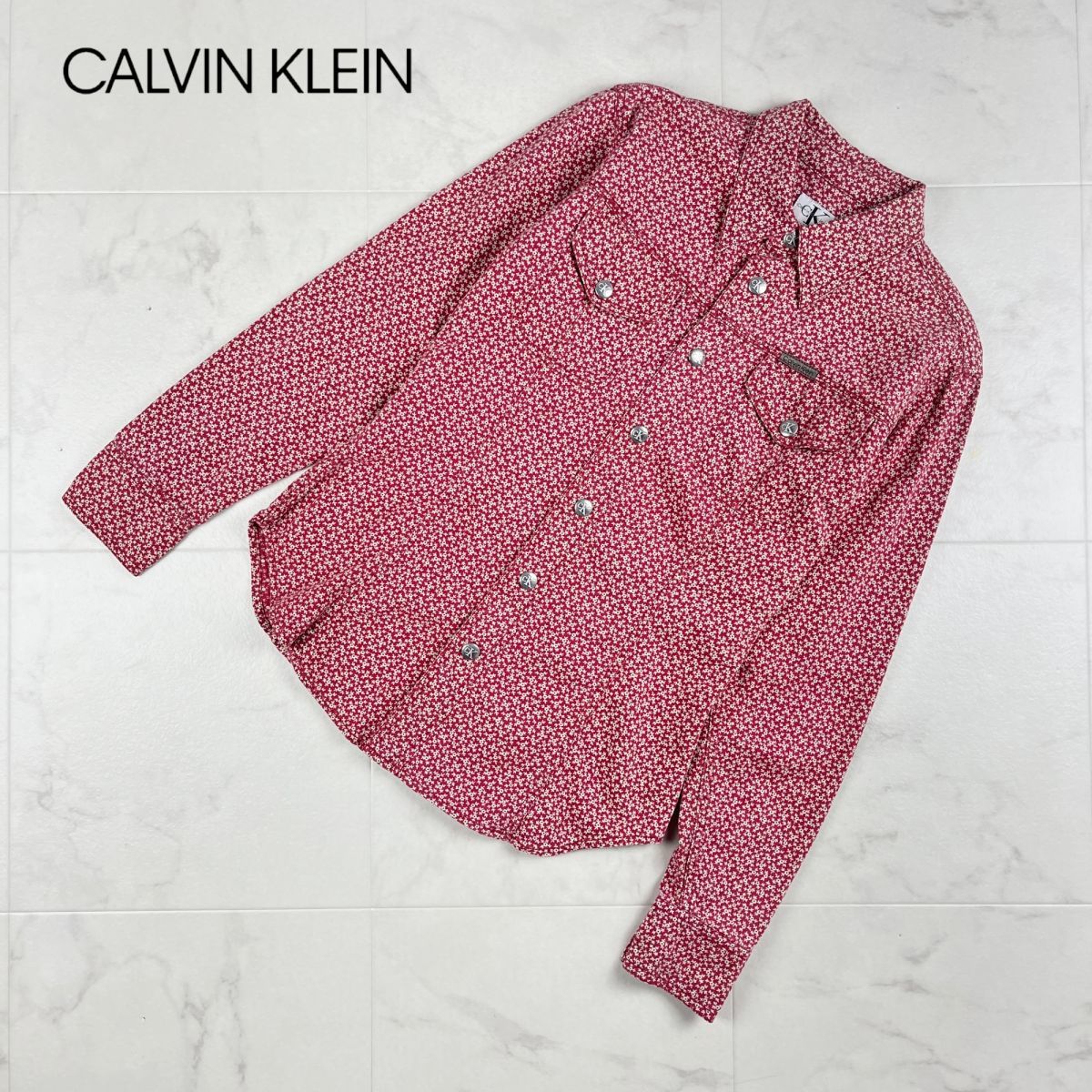 美品 Calvin Klein カルバンクライン 総柄襟付きシャツ 長袖 トップス レディース 赤系 レッド系 サイズS*KC1208