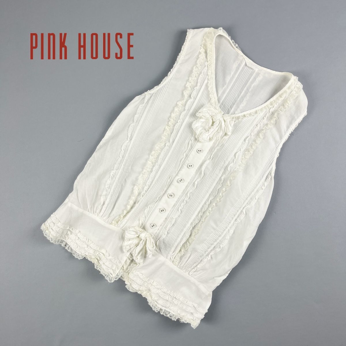 PINK HOUSE ピンクハウス カネコイサオ ノースリーブフリルブラウス トップス リボン レース レディース 白 ホワイト サイズB*IC686