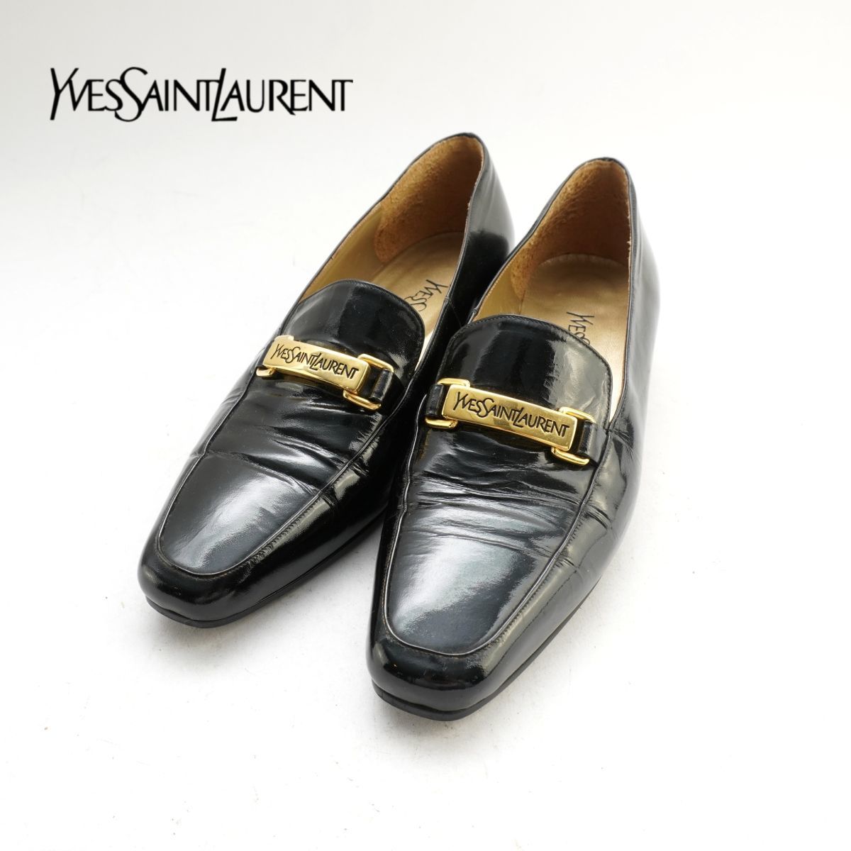 Yves Saint Laurent イヴ・サンローラン 35 1/2 22.5 ローファー ヒール スクエアトゥ ゴールド金具 エナメル 黒 ブラック /KC20_画像1