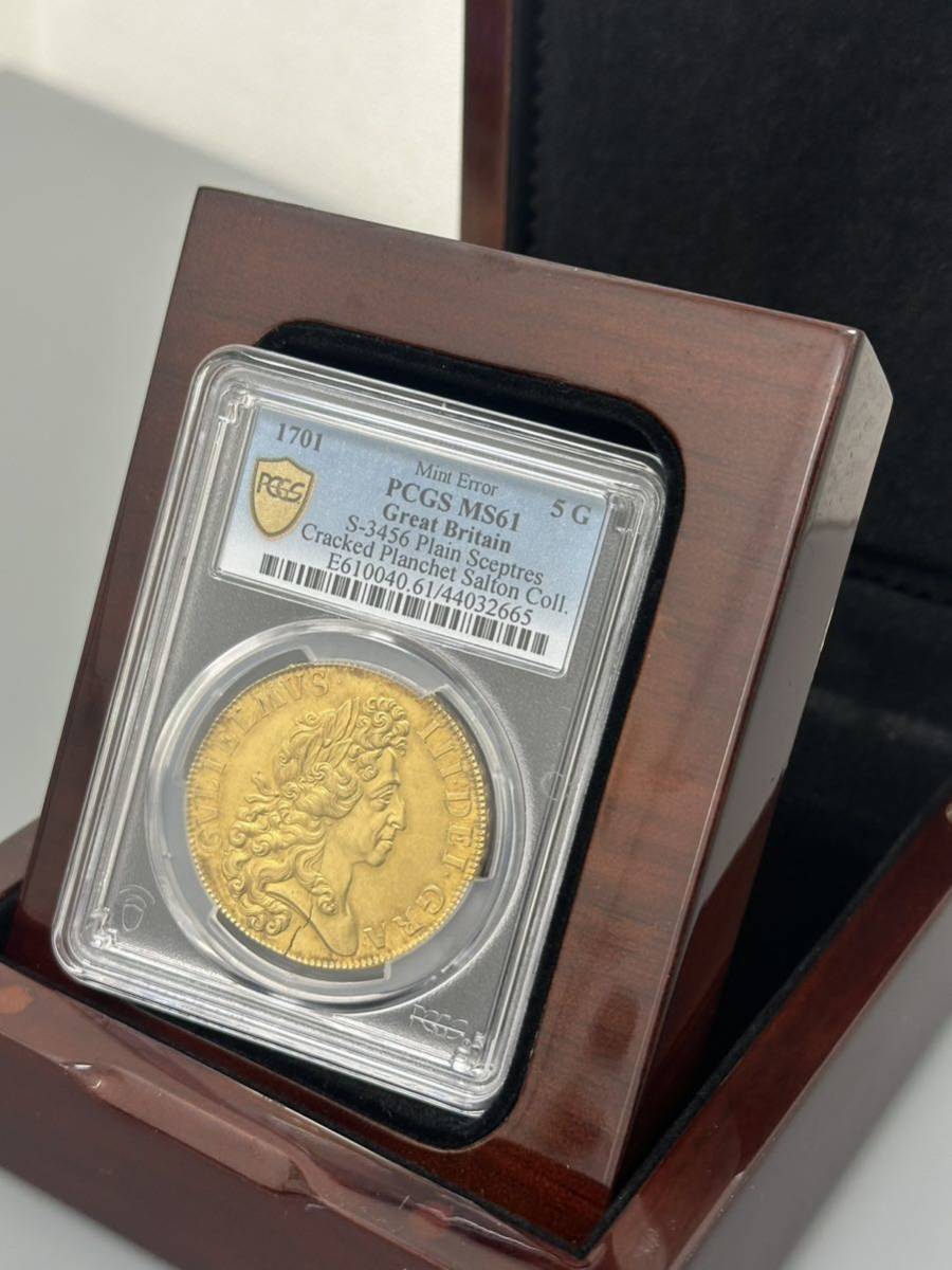 イギリス　1701年　5ギニー金貨　MS61　ウイリアム3世（ファインワークス）　至宝のミントエラー付大珍品 PCGS鑑定評価_画像10
