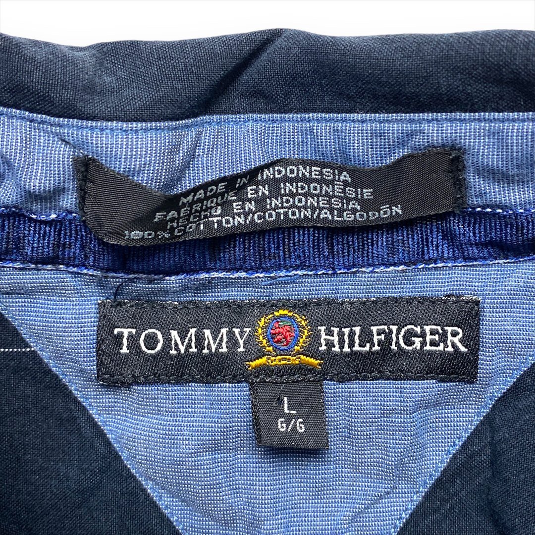 トミーヒルフィガー シャツ 長袖 ネイビー TOMMY HILFIGER 古着 メンズ L ストライプ 胸ポケット フラップポケット_画像2