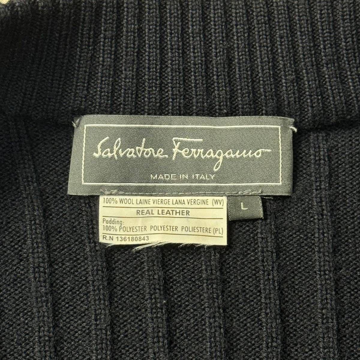 美品/Lサイズ★フェラガモ/FERRAGAMO 肩キルティング 羊革 ラムレザー ウールニット ニットジャケット ブルゾン ガンチーニ金具 メンズ 紺_画像8