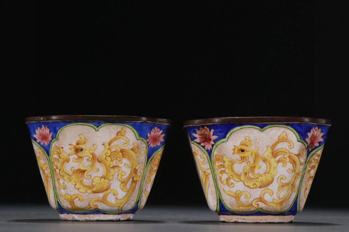 ◆明神◆某財閥買取品 清時代物 銅胎琺瑯彩 鳳鳥紋茶碗一双 中国古美術 蒐集藏品 古董品