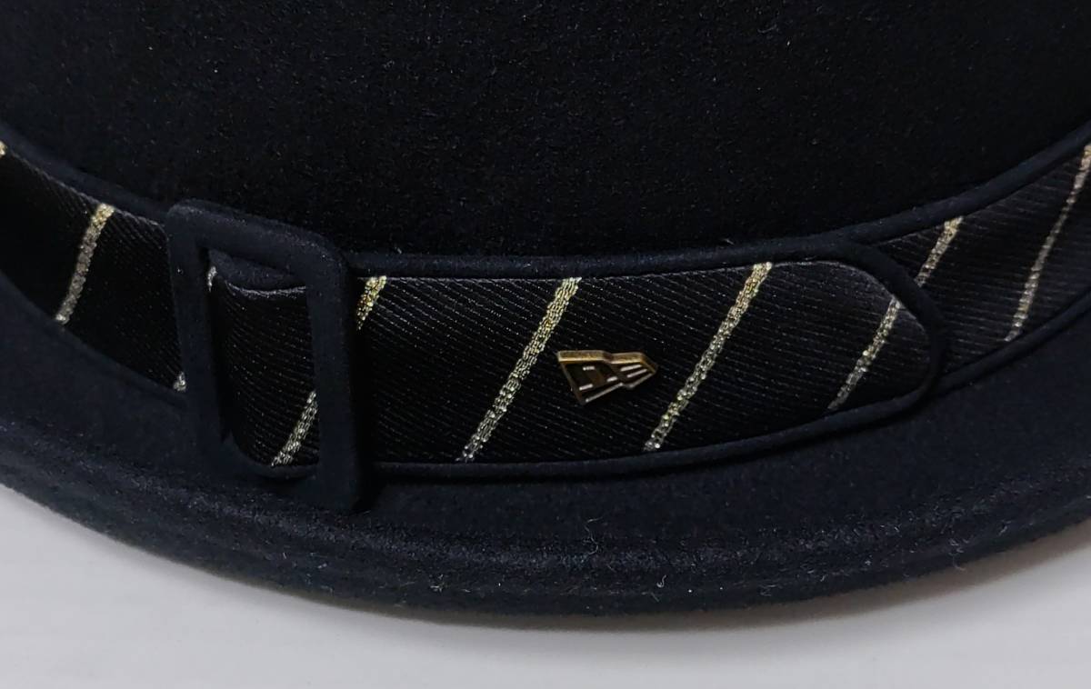 2014 EK BY NEW ERA ボウラーハット『BOWLER WOOL STRIPE BAND』ウール 黒 裏地付き XL・実測約58.5cm※未試着品/未使用品/タグ付き_NEW ERAロゴマークミニメタルも付属