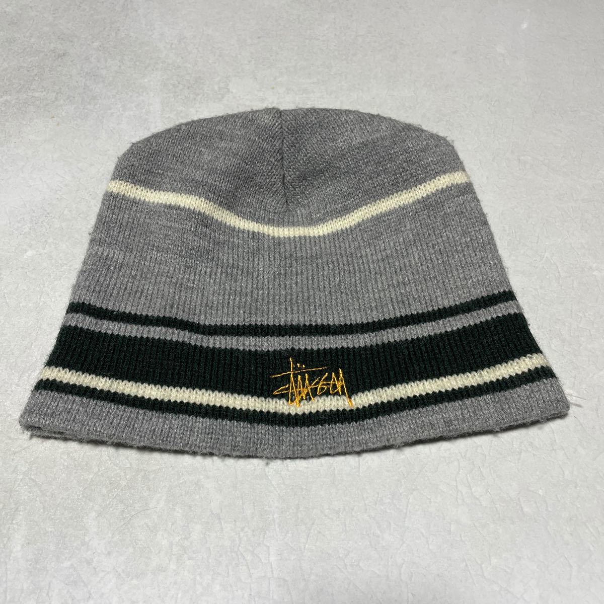 90s 00s STUSSY Stussy border Beanie knit cap knitted cap gray Old