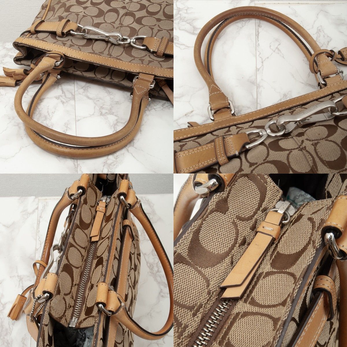 【美品】COACH(コーチ)ハンプトンズ シグネチャー キャンバス レザー トートバッグ ベージュ 8k06 中古 used