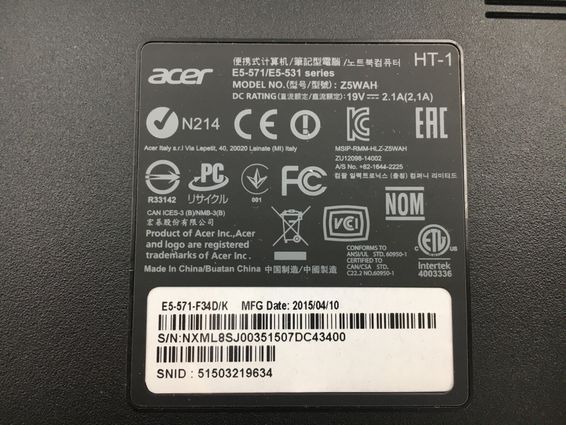 Acer/ノート/HDD 500GB/第4世代Core i3/メモリ4GB/WEBカメラ有/OS無/Intel Corporation Haswell-ULT Integrated Graphics Controller 32MB_メーカー名