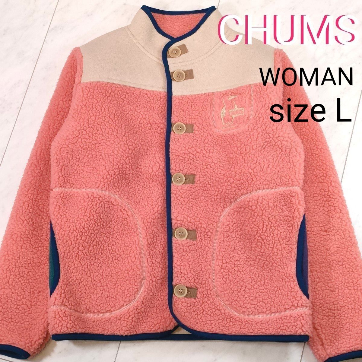 CHUMS　ボアフリースジャケット　ブルゾン　WOMENS　チャムス　ピンク×ベージュ　ビッグロゴ　刺繍