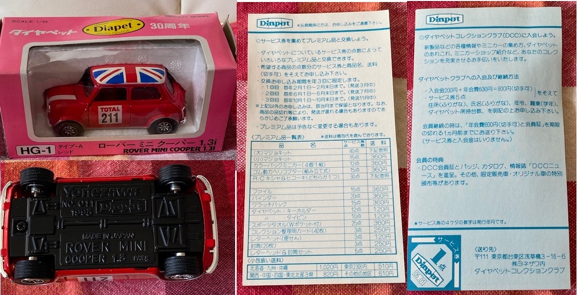＠ヨネザワ　初期モデル　ダイヤペット　30周年　1/35 HG-01　ローバー　ミニ　クーパー　1.3ⅰタイプーAレッド 新品、美品＠_初めて見たサービス券　表、裏