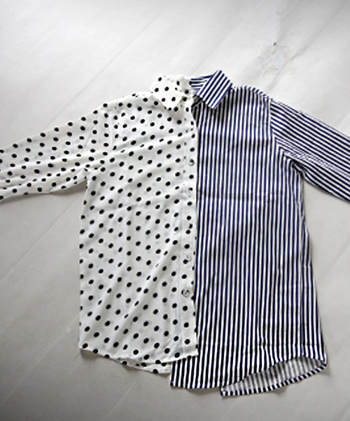 新品タグ付き★アンティカantiqua★左右非対称デザインstyle shirt。鮮やかで爽やかな存在。ストライプ×ドットアシンメトリーシャツ_画像7