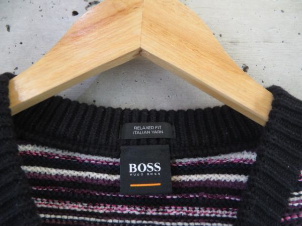 2110m34* прекрасный товар *HUGO BOSS Hugo Boss окантовка рисунок стрейч толстый хлопок вязаный свитер L/ жакет / блузон / рубашка / большой . sho flat 
