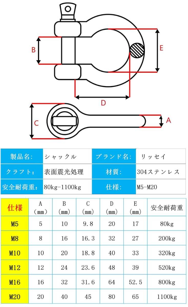 M5, 5個 リッセイ シャックル ステンレス アンカーシャックル レッカー車 リフティング ガーニッシュ 用 オタフクシャックルの画像2