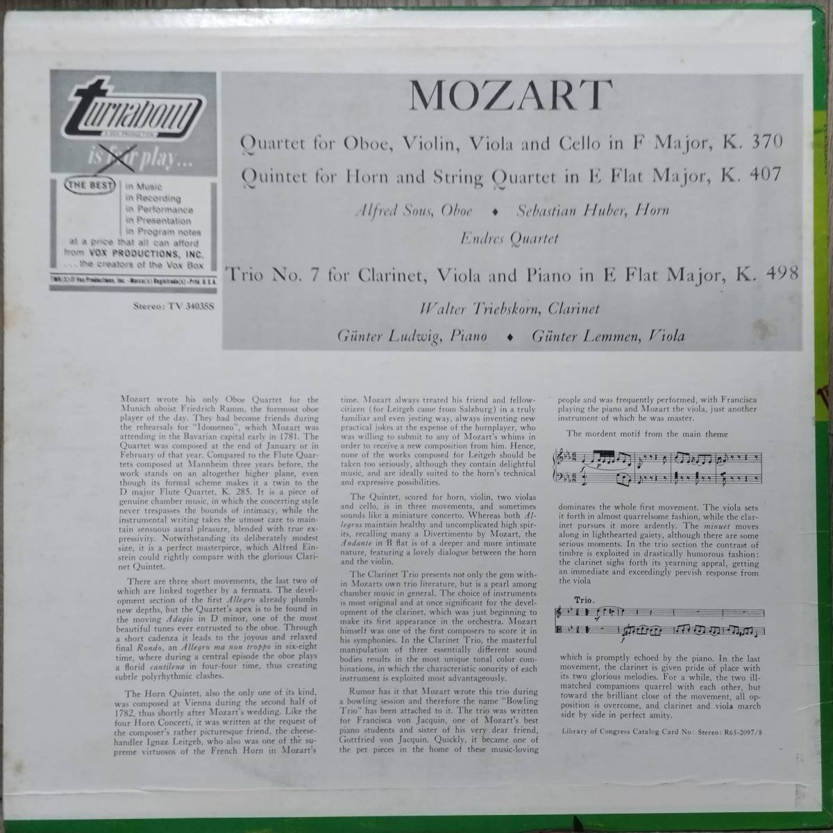 J313/LP無傷米盤1枚/モーツァルト：オーボエ四重奏曲/ホルン五重奏曲 他_画像2