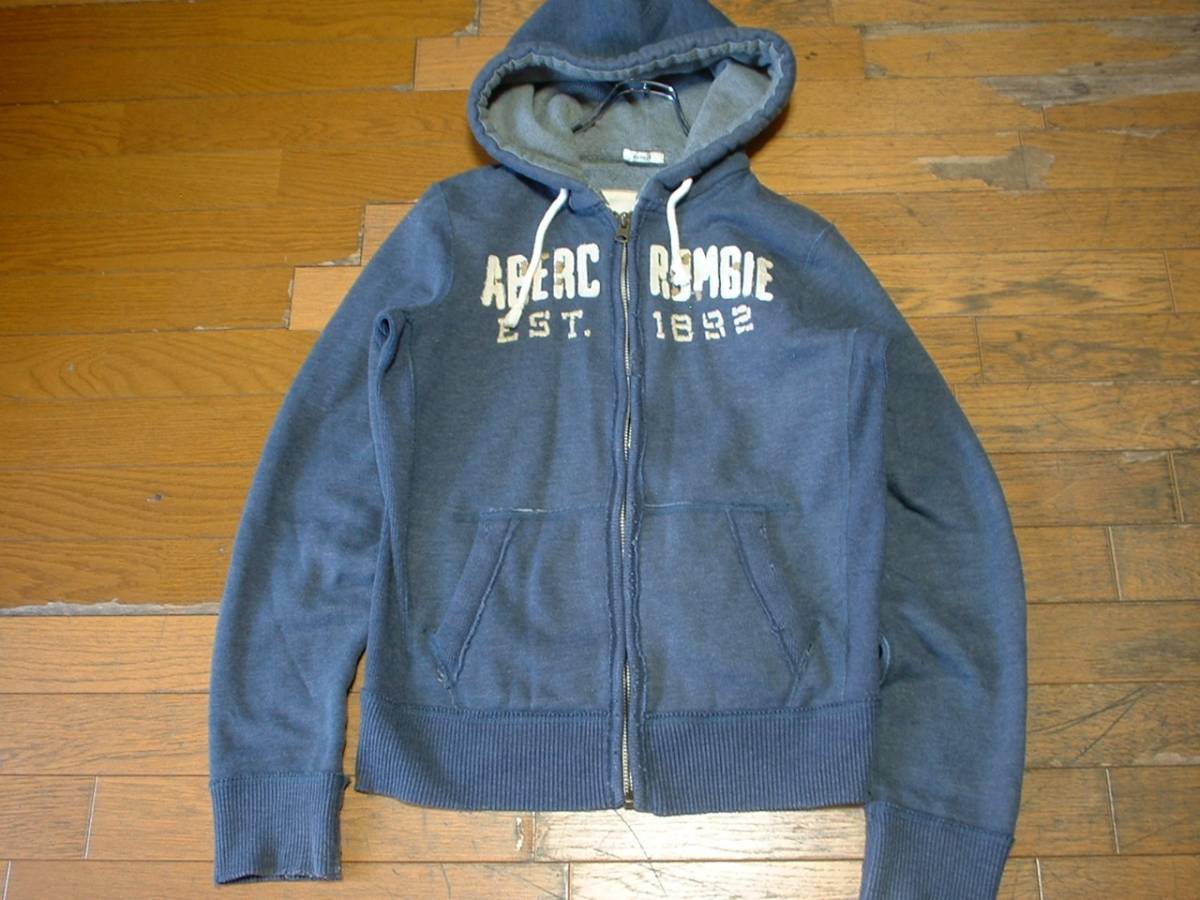 Abercrombie & Fitchビッグロゴビンテージ加工スウェットジップパーカーMネイビー正規アバクロンビーフィッチフーディフーデッドジャケット_画像4