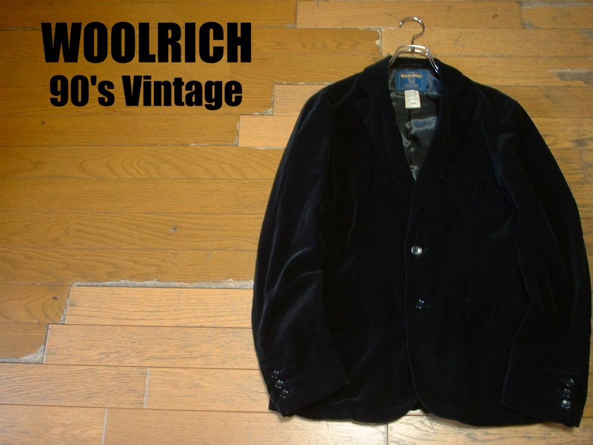 90sビンテージWOOLRICHベロアテーラードジャケットL黒ブラック正規ウールリッチVintageベルベット2Bブレザー別珍ドレス_画像1