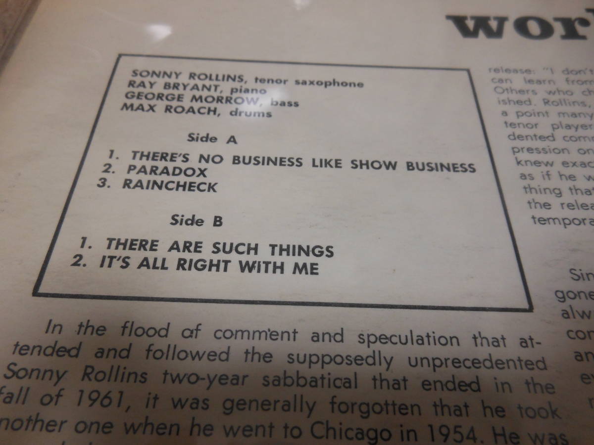 【UK MONO】SONNY ROLLINS QUARTET/WORKTIME XTRA 5026 COAT/FLIP BACK/深溝/ペラジャケ/爆音 極美 貴重な英国盤_画像5