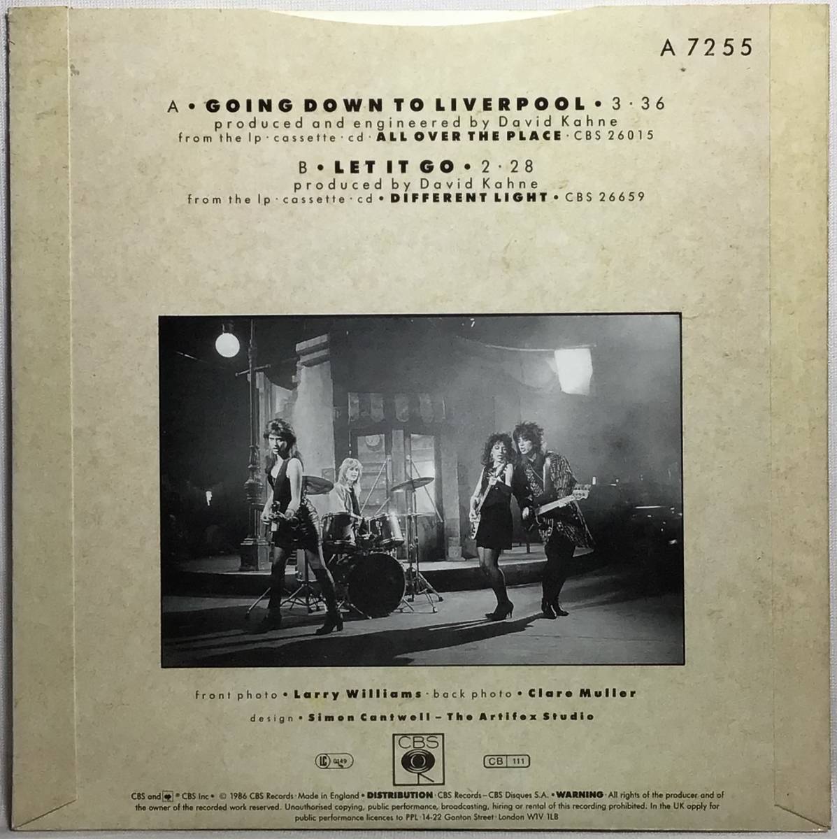 【英7ポストカード付】 BANGLES バングルズ / GOING DOWN TO LIVERPOOL / LET IT GO / 1986 UK盤 7インチシングルレコード EP 45 試聴済の画像2