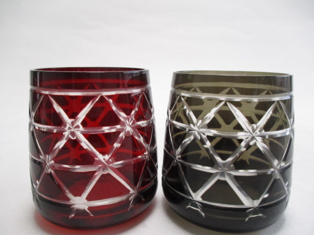 ジバンシー　切子　ロックグラス　籠目　赤＆濃いグレー　２個　グラス　フリーグラス　_画像1