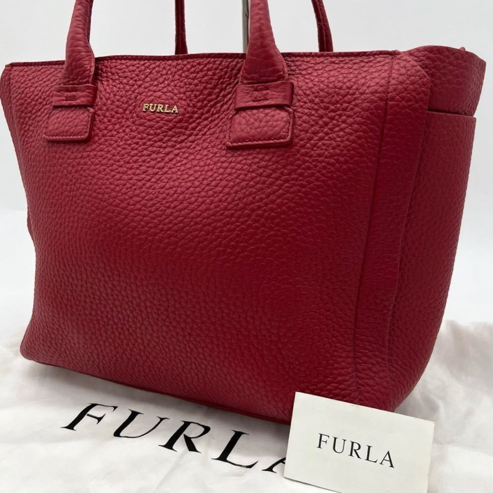 1円【未使用級】FURLA フルラ トートバッグ ハンドバッグ ショルダー ビジネスバッグ レザー 肩掛け レッド系 シボ革 メンズ A4 大容量_画像1