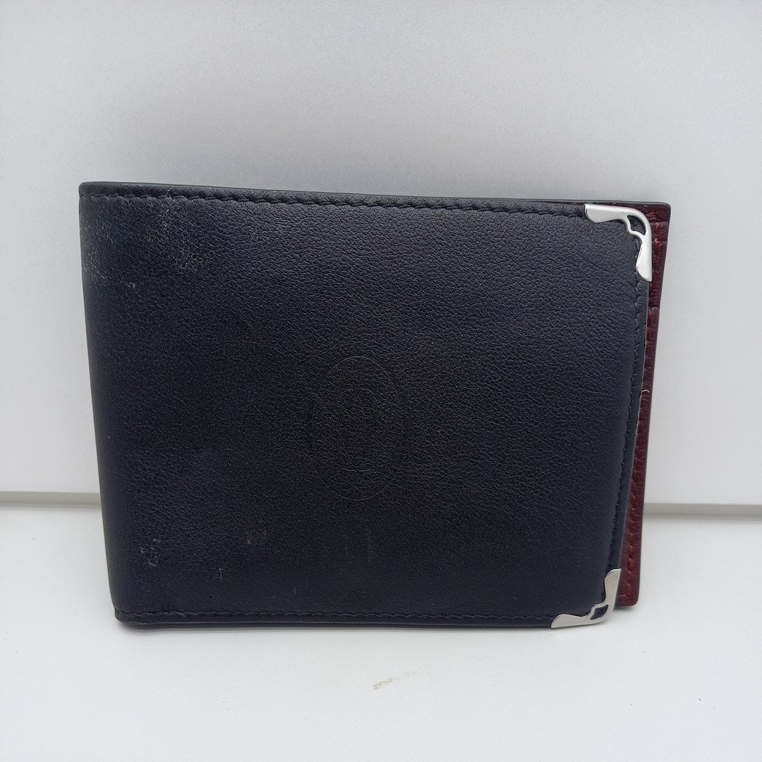 【中古品】CARTIER MUST DE CARTIER WALLET マスト ドゥ カルティエ ２つ折り小銭財布 カーフスキンブラック×ボルドー×シルバー_画像5