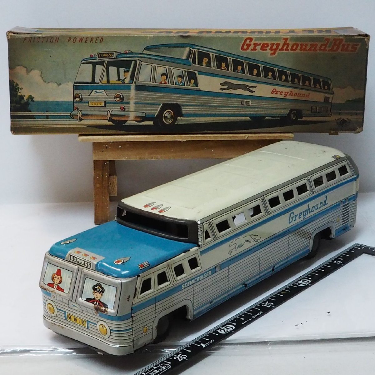 青柳商店【Greyhound Bus グレイハウンド バス 動作確認済】当時物 フリクション ブリキ自動車 TIN TOY■桃マーク【箱付】0825