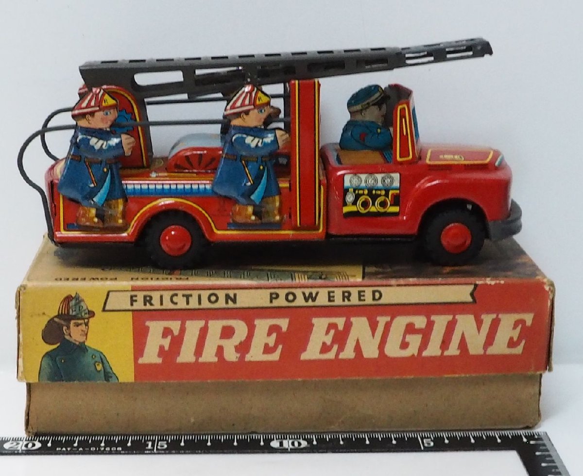 ウサギヤ【FIRE ENGINE FRICTION POWEREDハシゴ消防車ファイヤーエンジン動作確認済】当時物フリクション ブリキ自動車TIN TOY【箱付】0828_画像4