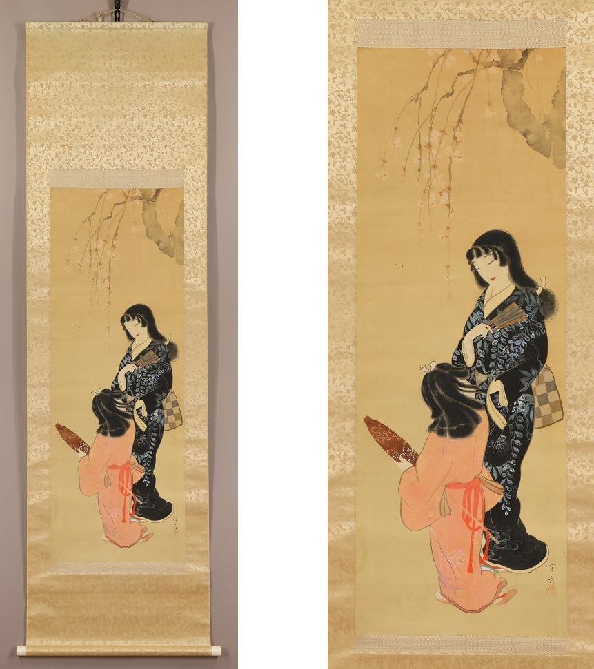 【模写】◆池田輝方◆桜◆美人図◆日本画◆師：水野年方◆絹本◆掛軸◆t149_画像2