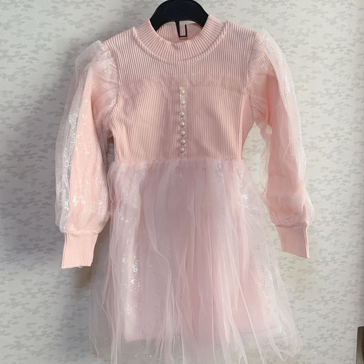 130 ピンク キッズ ハイネック キラキラ チュール ワンピース フォーマル 女の子 スカート 冬  子供ドレス キッズドレス