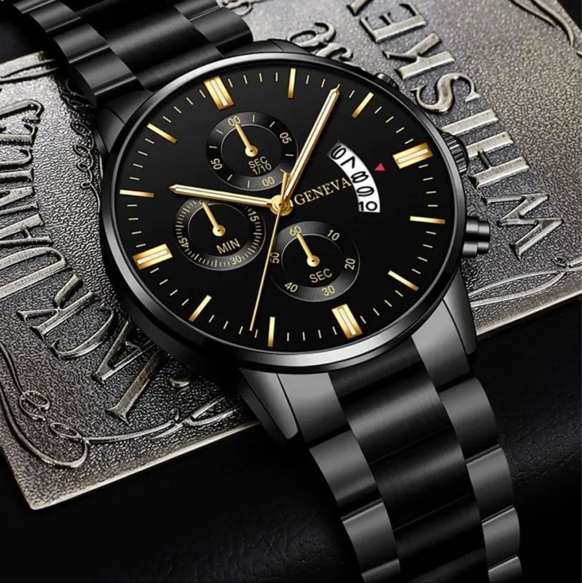 男性用ビジネス時計 黒ステンレス鋼 時計高級カレンダークォーツ腕時計 メンズ クォーツムーブメント