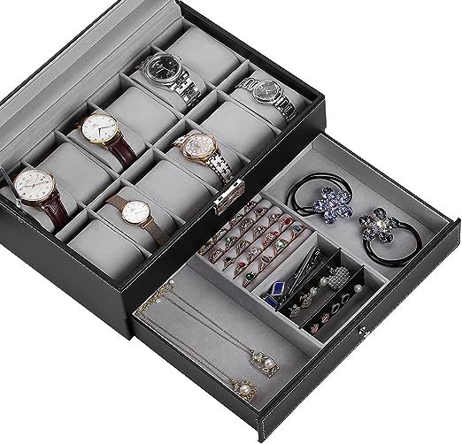 腕時計収納ケース アクセサリー 収納 時計ケース 12本 時計 収納ボックス 2段式 高級 ウォッチ 収納ケース (12本 2段式-ブラック)_画像2