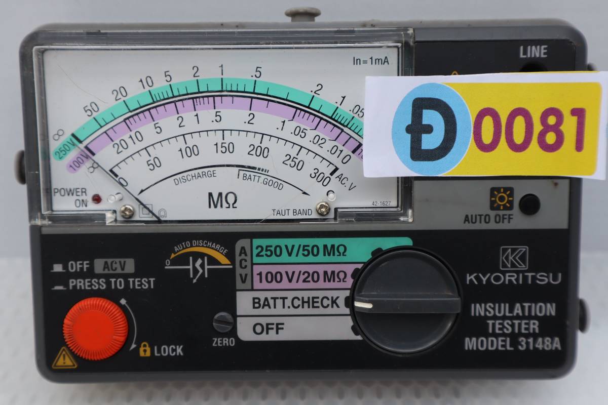 D0081 Y 【中古・動作確認済】KYORITSU 2レンジ小型絶縁抵抗計 MODEL3148A INSULATION TESTER_画像3