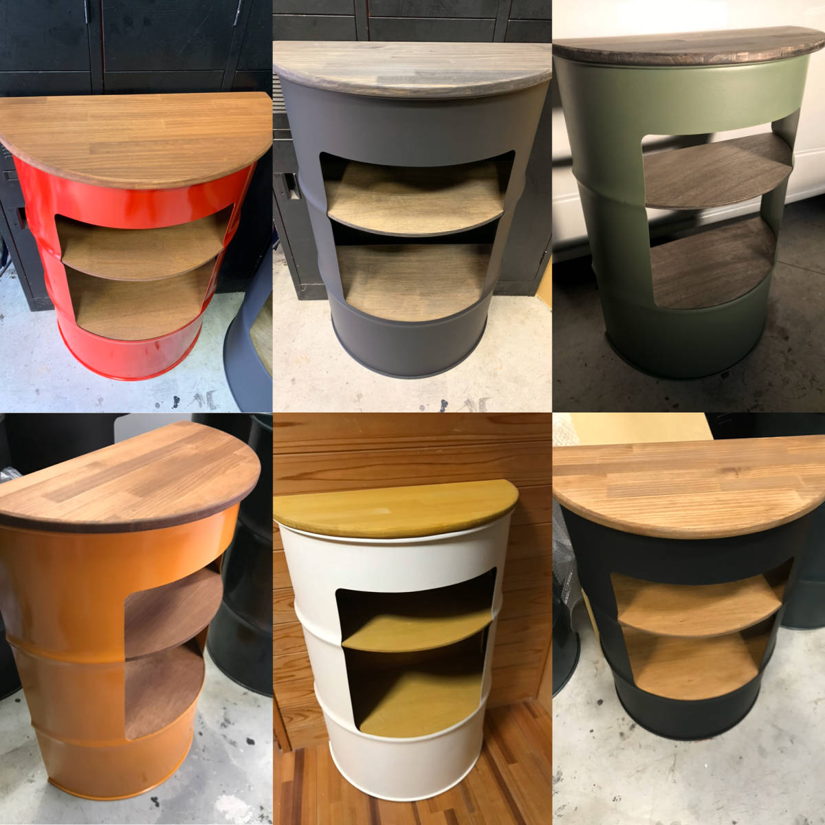  drum can table remake hand made half size space-saving reji Cafe bar counter garage storage display case furniture interior 