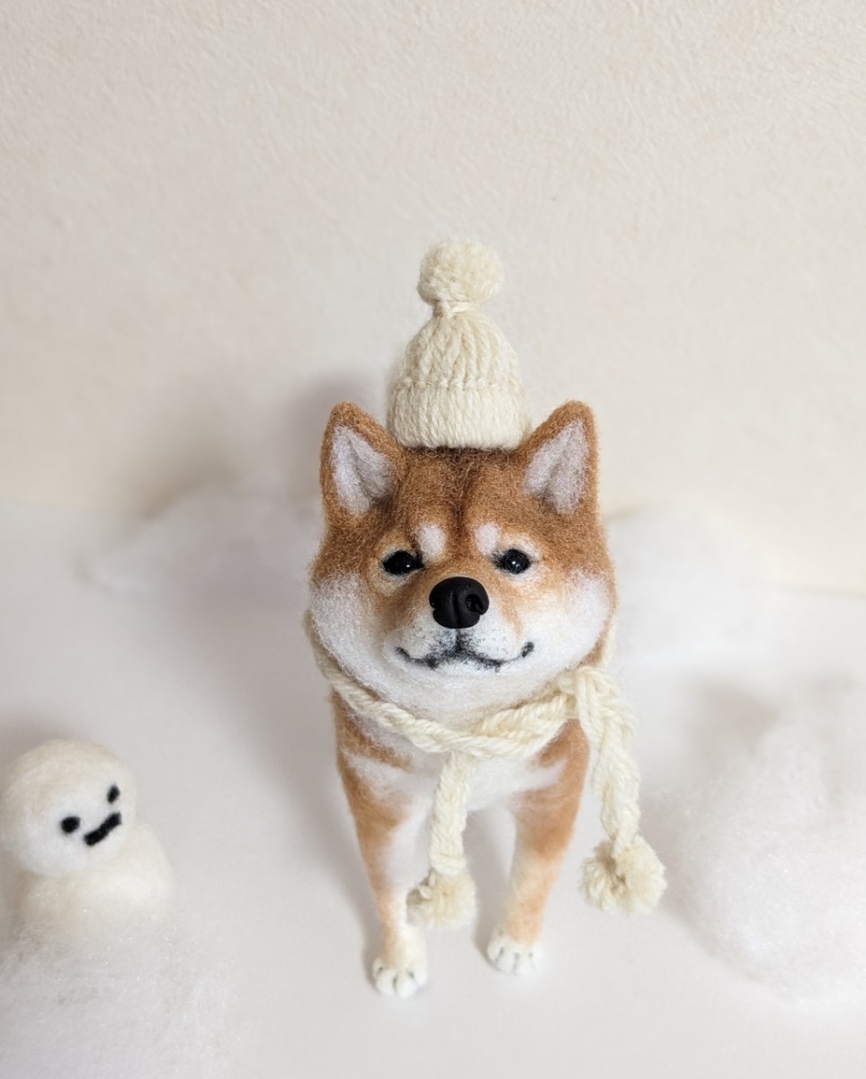 羊毛フェルト 柴犬 豆柴 茶柴 犬 ニット帽子 ハンドメイド 羊毛フェルト 柴犬 豆柴 茶柴 犬 ニット帽子 ハンドメイド