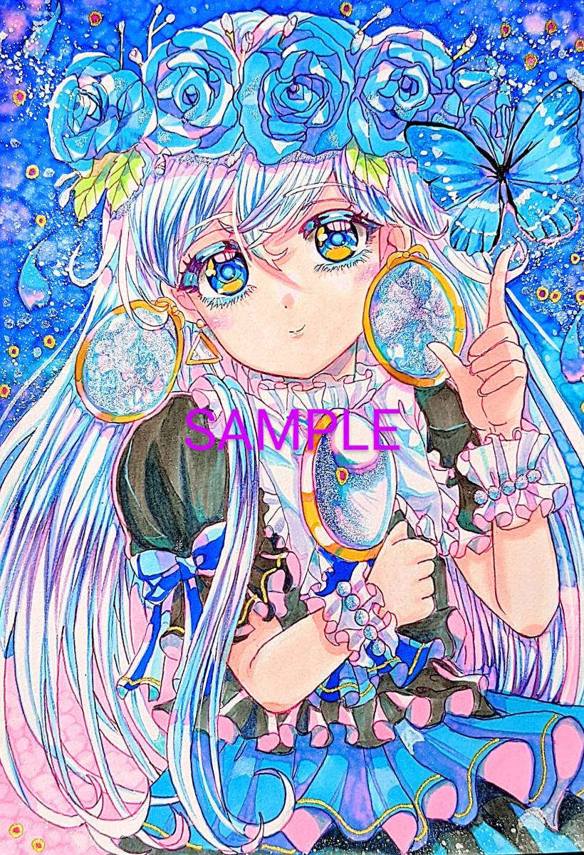 手描きイラスト　オリジナル　ブルーローズ　女の子　A5_画像1