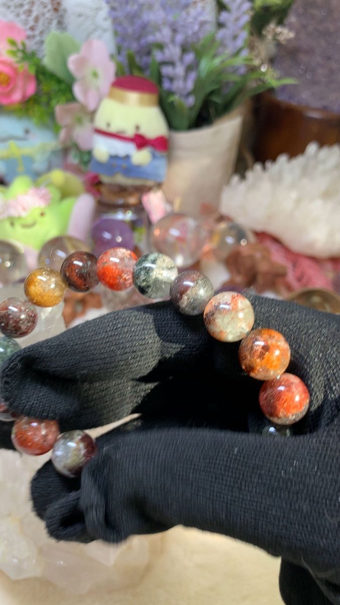 天然カラフル火山鉱物入り幻影水晶(ファントムクォーツ)ブレスレット