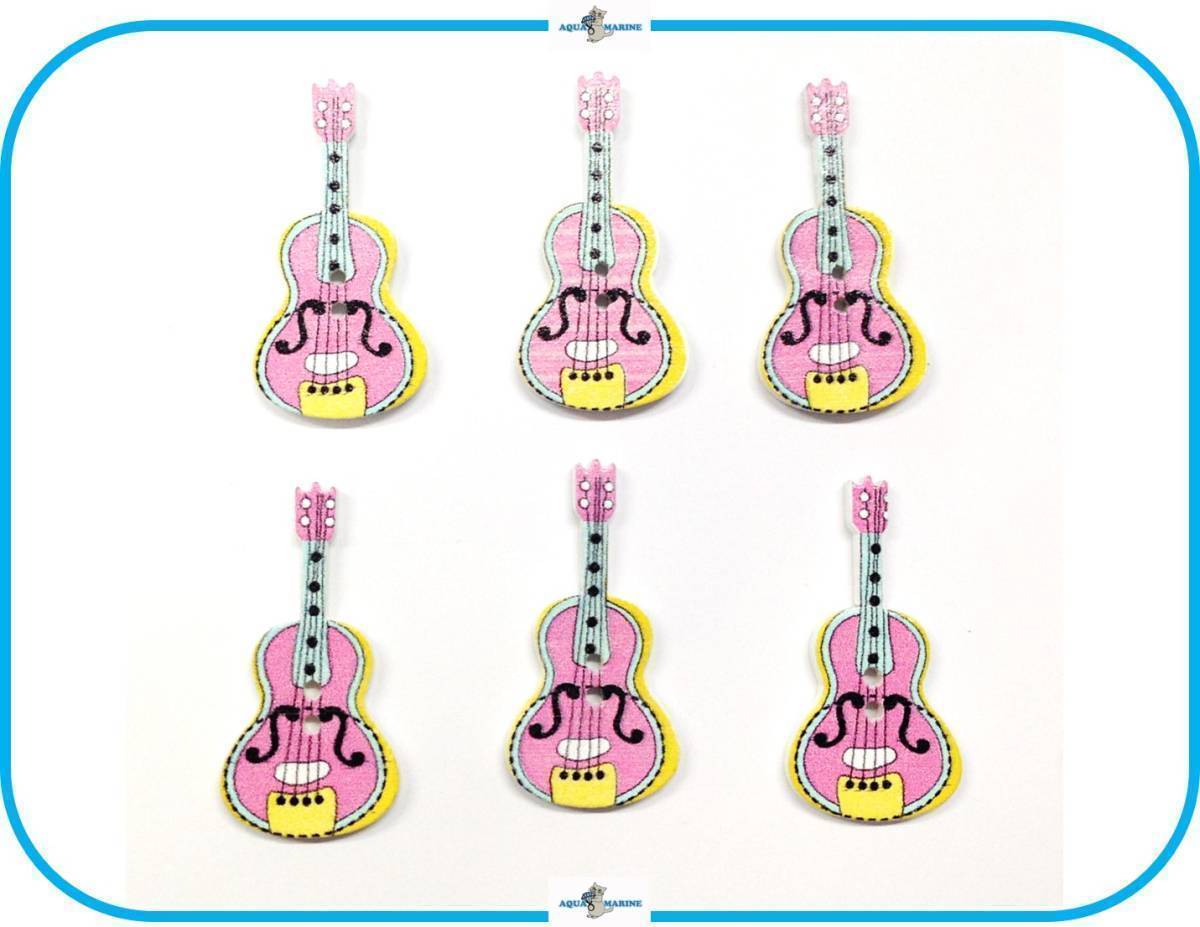 E153 ウッドボタン 木製 ギター デザイン⑤ ピンク 6個セット 2ホール ハンドメイド 材料 服飾裁縫 飾り素材 手芸パーツ 楽器 バイオリン_画像1