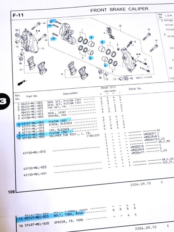 97-K◆ホンダ CBR1000RR トキコ(TOKICO）4ポート2ピン ラジアル キャリパー チタン合金 ピストン＆ブリッジ ボルトセット, CBR600RR 互換_画像10