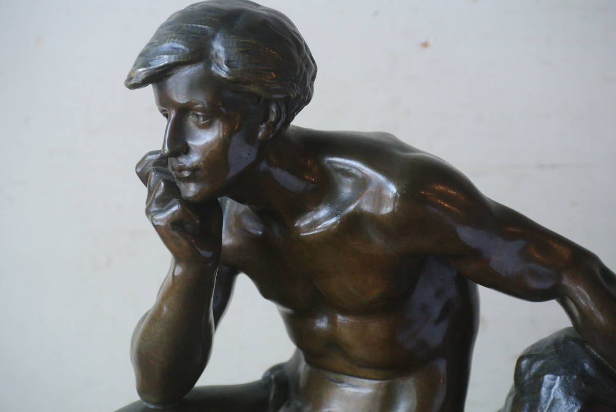 フランス彫刻家 Julien Monier ジュリアン・モニエ 少年のブロンズ像 検】男性半裸像瞑想肉体美の画像6