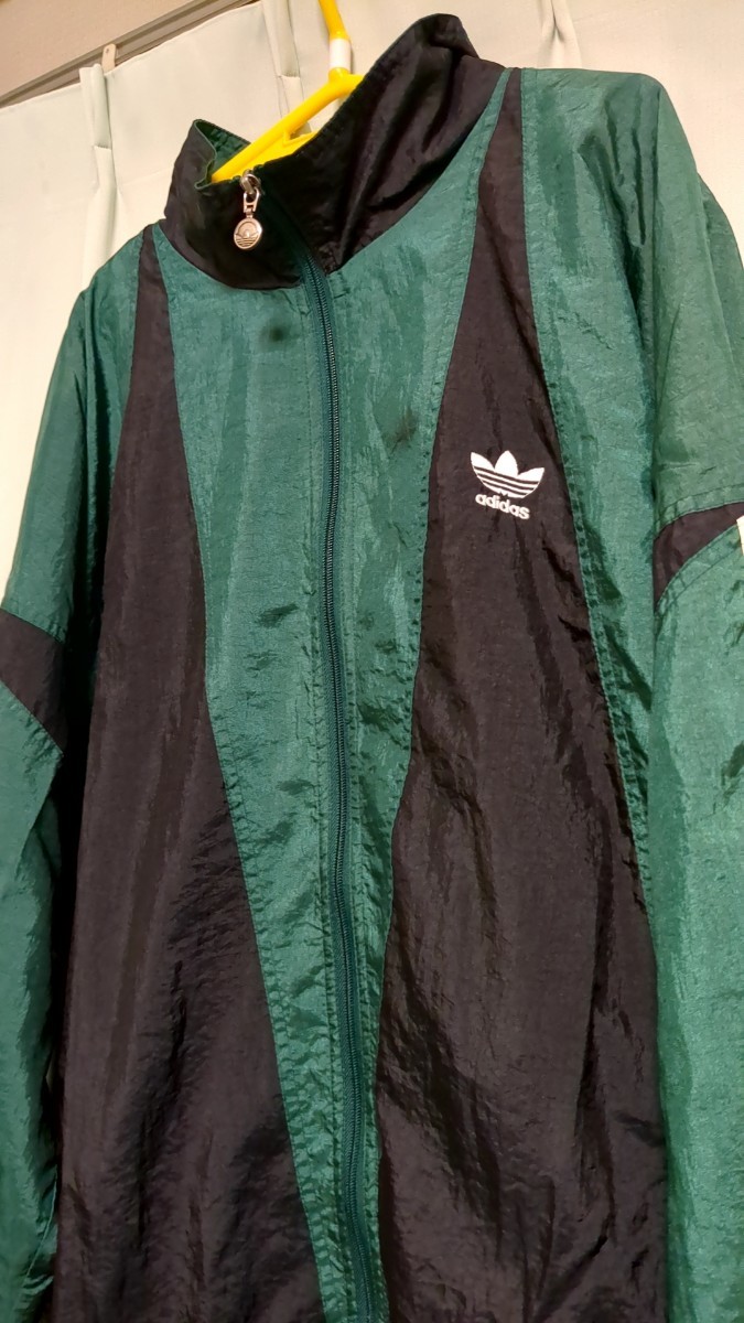 90's ■ ADIDAS アディダス ナイロン ジャケット ジャンパー 90年代 オールド ウインドブレーカー トレフォイル 刺繍 ロゴ 黒 緑 ジャージ