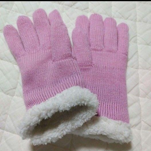 女の子 ニット グローブ 手袋 防寒 ボア もこもこ リボン ピンク バービーBarbie 5本指手袋 かわいい