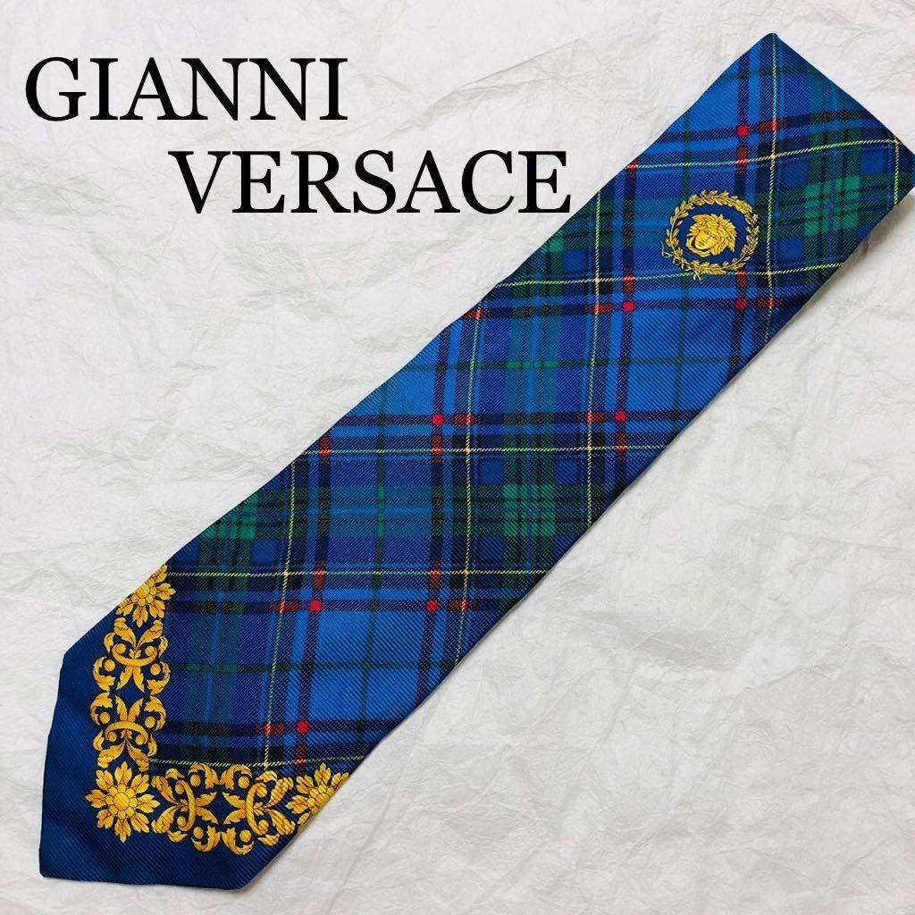 GIANNI VERSACE ジャンニヴェルサーチ　ネクタイ　メデューサ　チェック　シルク100% イタリア製　ブルー系_画像1