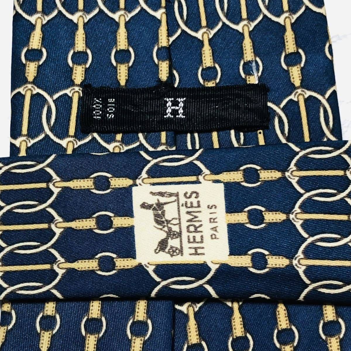 ■美品■HERMES エルメス　ネクタイ　金具　ベルト　総柄　シルク100% フランス製　ブルー×ベージュ_画像6