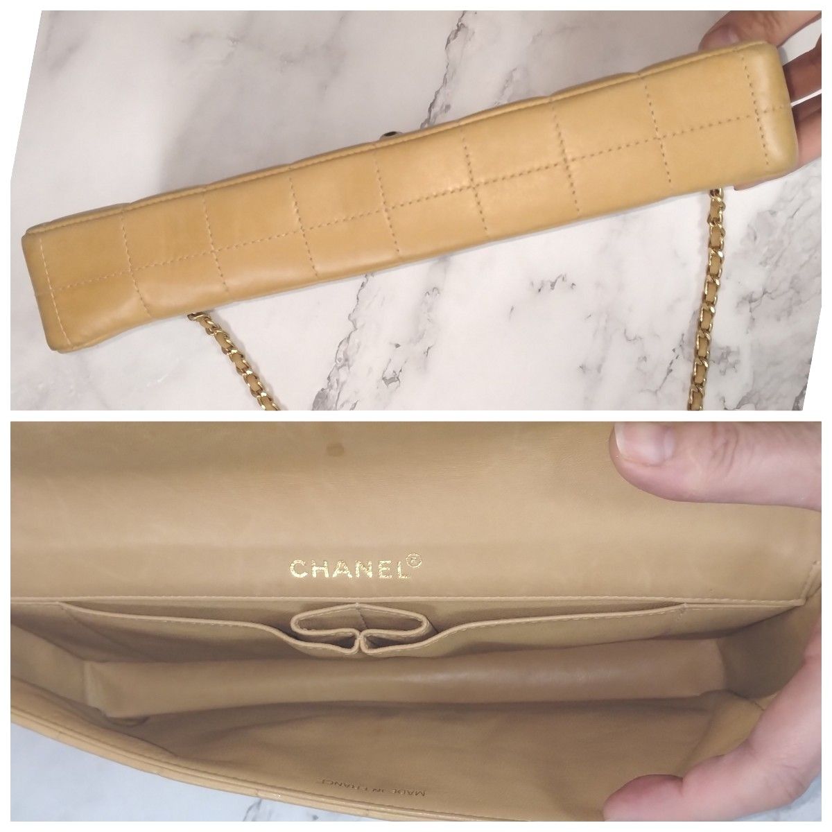 【CHANEL】シャネル チェーンショルダーバッグ★チョコバー★クラッチバッグ★ラムスキンゴールド×ベージュ