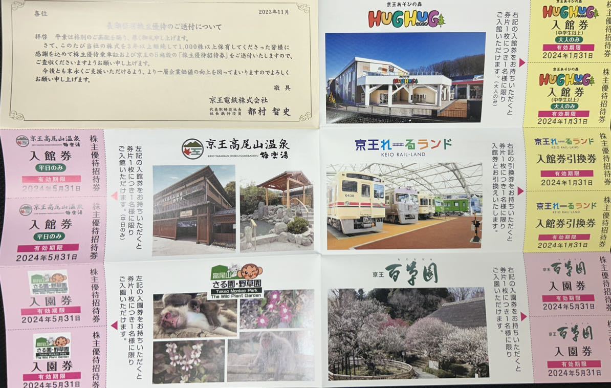 ★送料無料★京王株主優待招待券 高尾山温泉 れーるランド 百草園　 高尾山さる園　あそびの森HUGHUG 各２枚★★_画像1