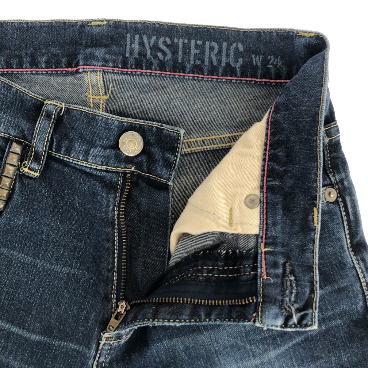 HYSTERIC GLAMOUR ヒステリックグラマー 01182AP15 SC加工Sデニム 裾ZIP九分丈スリムパンツ ジーンズ サイズ24 スタッズ ストレットあり_画像6