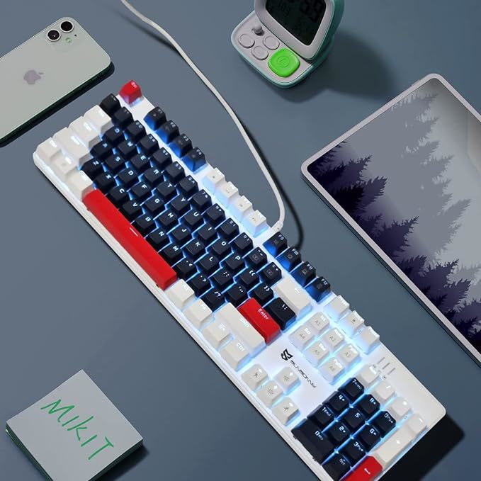 メカニカル式ゲーミングキーボード 全104キーボード 有線 USB有線キーボード LEDバックライト付き (赤軸-青白赤)_画像2