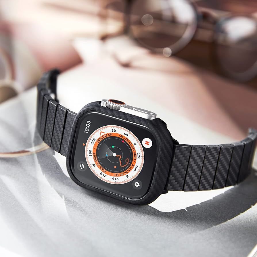 PITAKA Apple Watch Ultra/Ultra2 対応 ケース 49mm 適用 カバー 軽量 極薄 全面保護 傷つきにくい 600Dアラミド繊維 カーボン風 ブラックの画像5